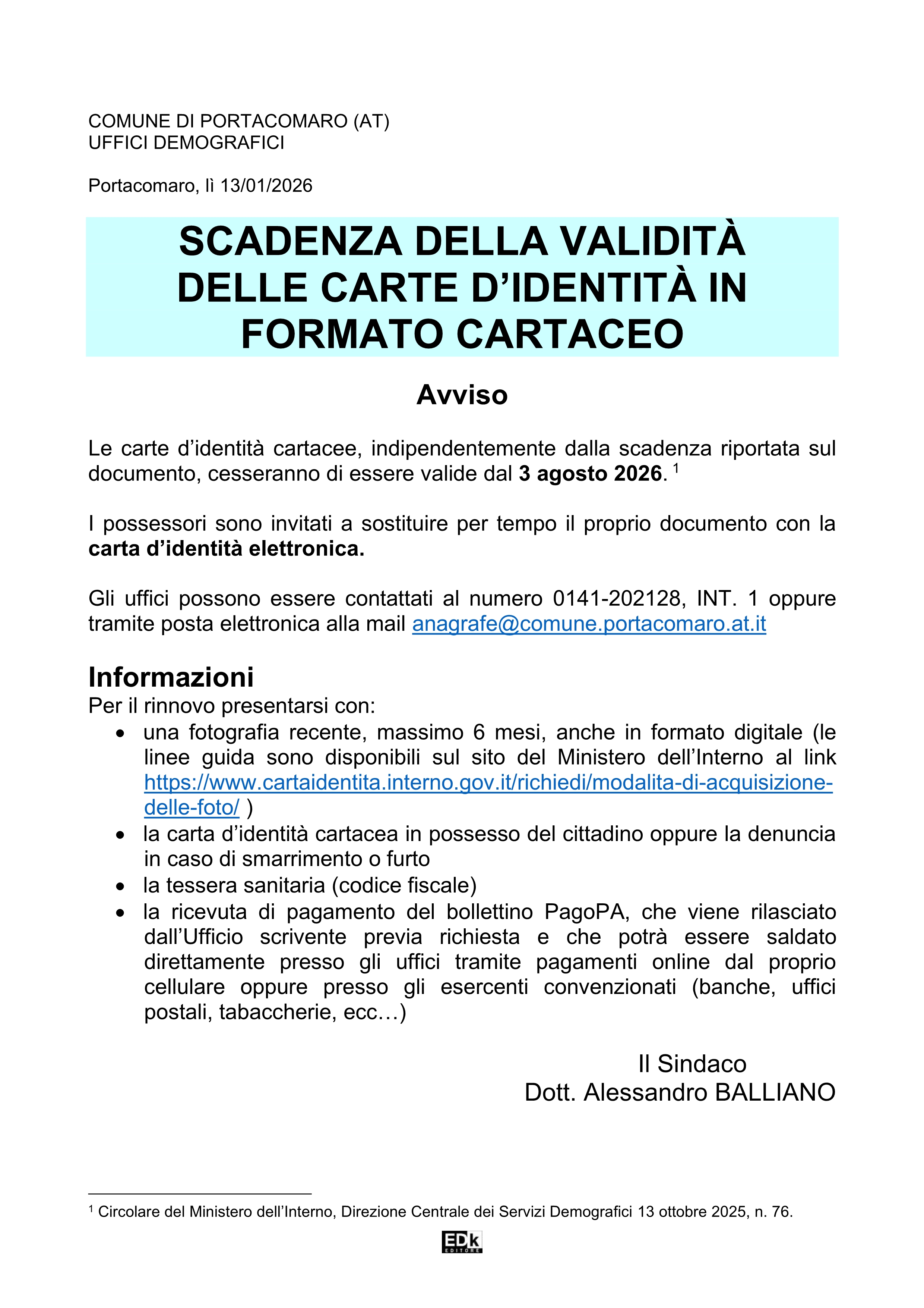 Avviso scadenza della validità delle carte d'identità in formato cartaceo il 3 Agosto 2026 indipendentemente dalla data di scadenza riportata sul documento